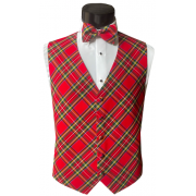 Holiday Red Real Tartan Plaid Tuxedo Vest and Bow Tie Set